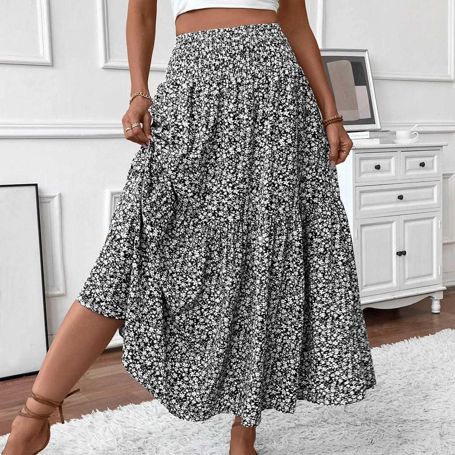 Women's Boho Skirts Summer Casual Loose Trendy Elastic Waist Floral Printed Bohemian Flowy A-Line Skirt 2025, S-XL
