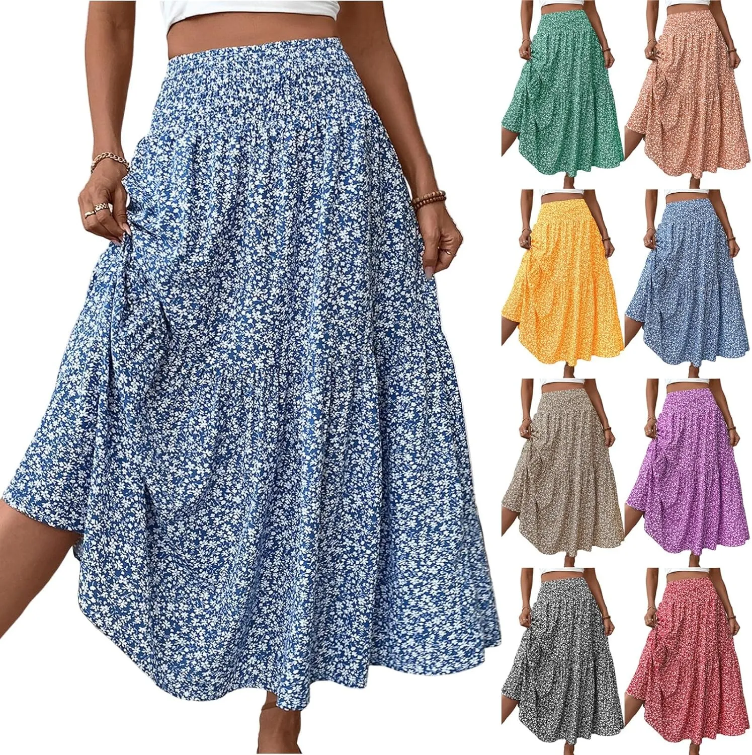 Women's Boho Skirts Summer Casual Loose Trendy Elastic Waist Floral Printed Bohemian Flowy A-Line Skirt 2025, S-XL