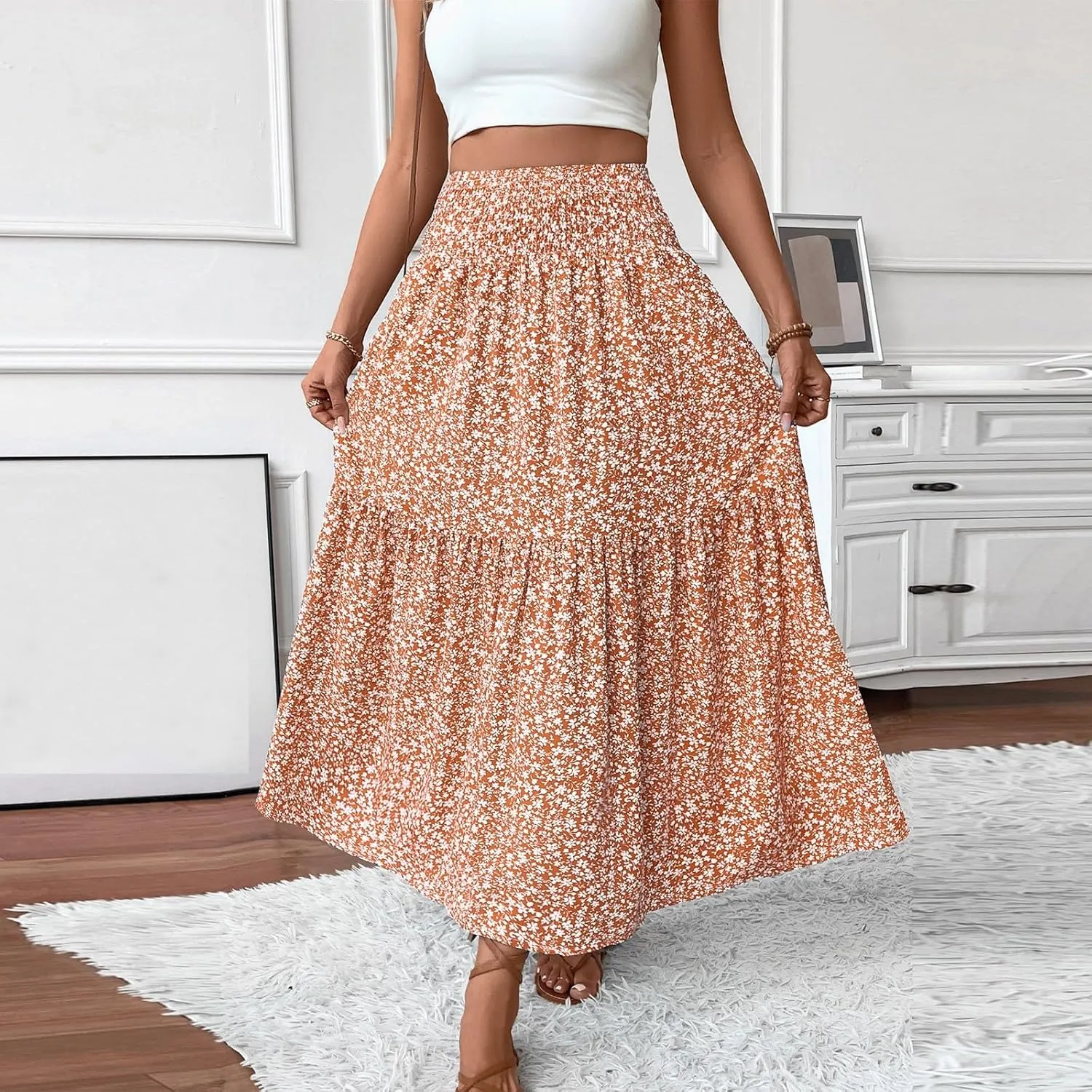 Women's Boho Skirts Summer Casual Loose Trendy Elastic Waist Floral Printed Bohemian Flowy A-Line Skirt 2025, S-XL