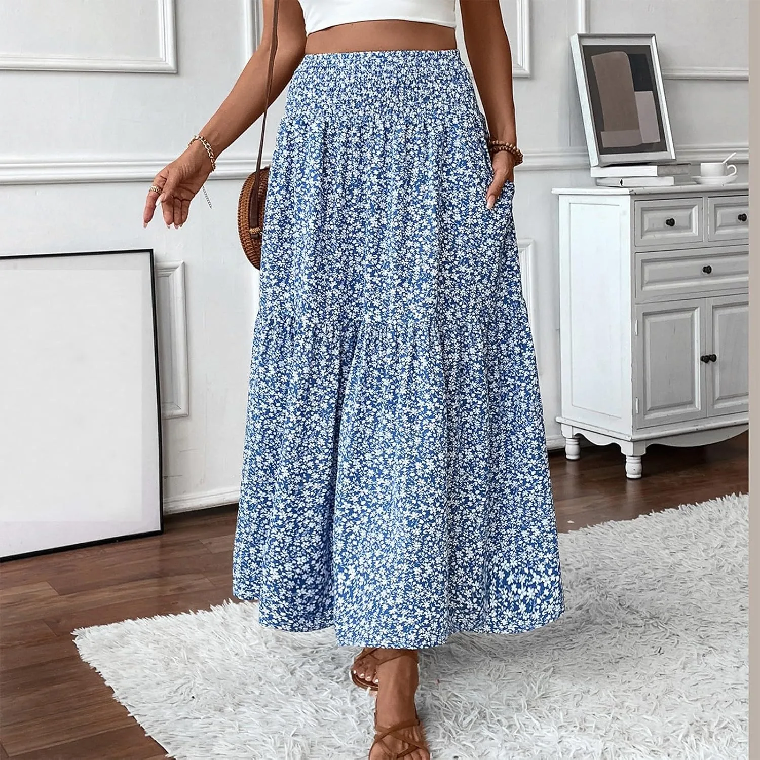 Women's Boho Skirts Summer Casual Loose Trendy Elastic Waist Floral Printed Bohemian Flowy A-Line Skirt 2025, S-XL