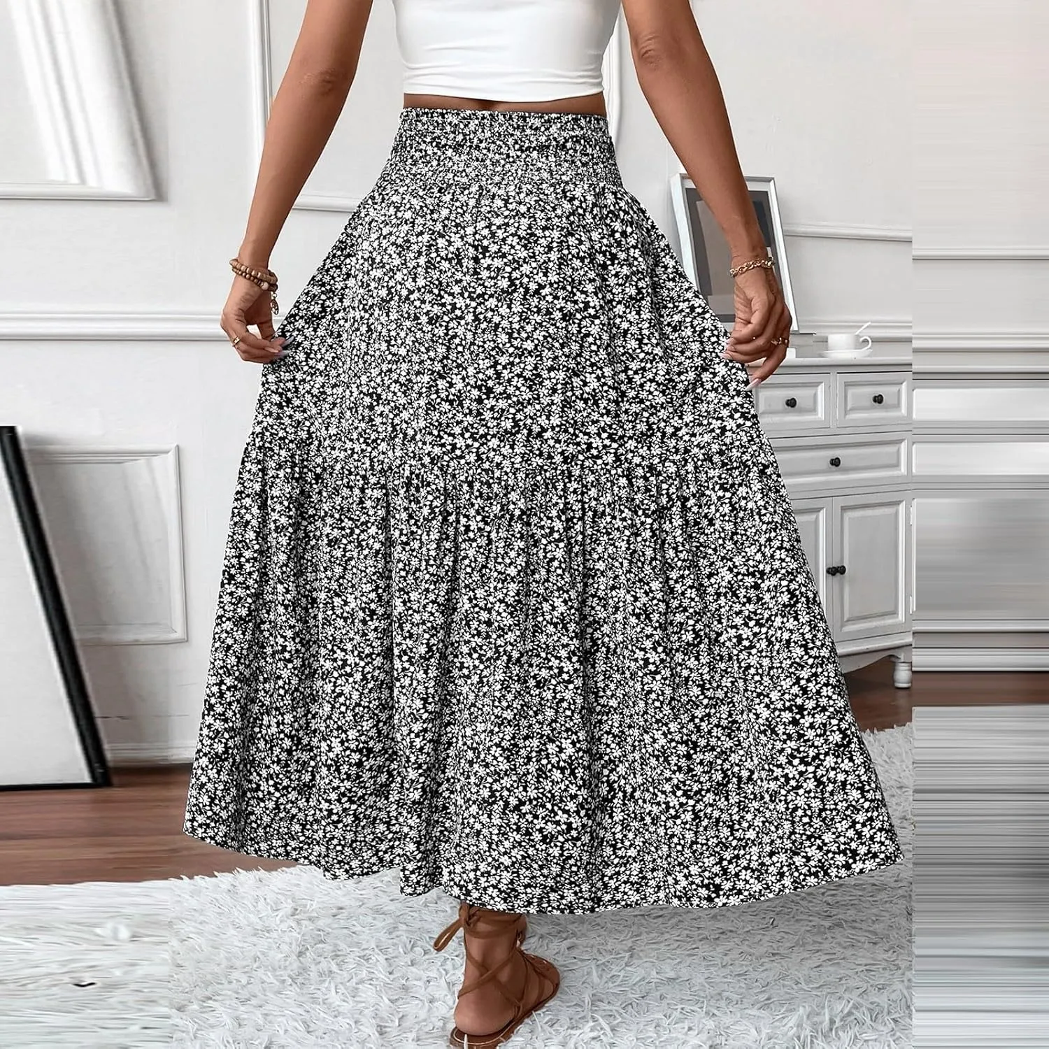 Women's Boho Skirts Summer Casual Loose Trendy Elastic Waist Floral Printed Bohemian Flowy A-Line Skirt 2025, S-XL
