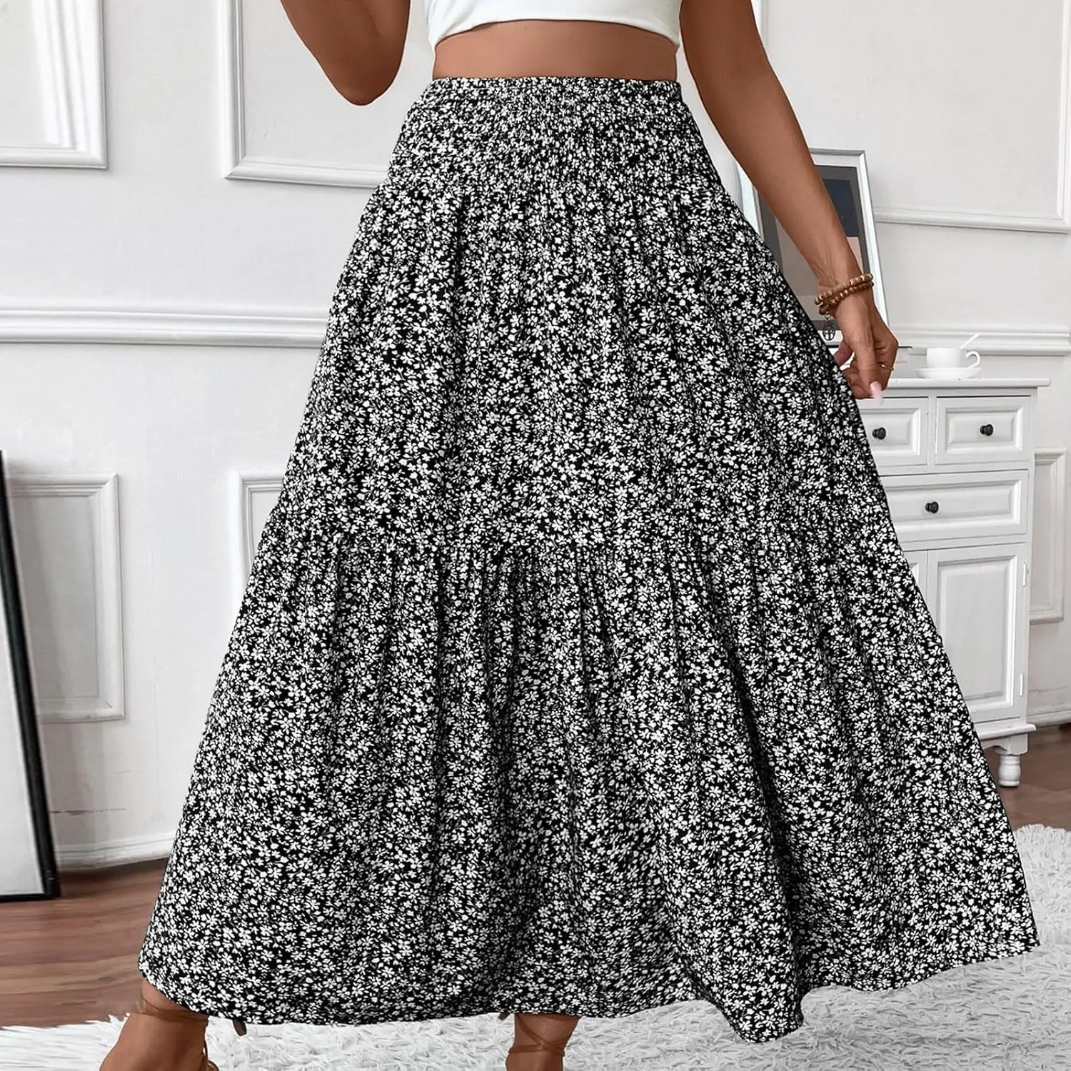 Women's Boho Skirts Summer Casual Loose Trendy Elastic Waist Floral Printed Bohemian Flowy A-Line Skirt 2025, S-XL