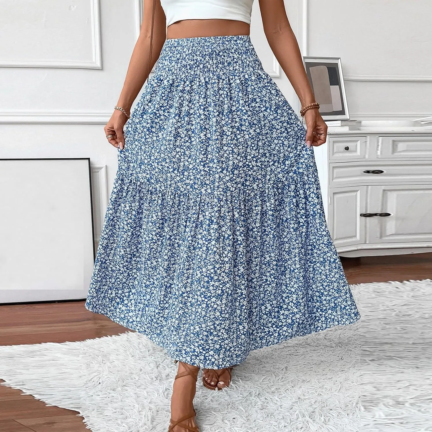 Women's Boho Skirts Summer Casual Loose Trendy Elastic Waist Floral Printed Bohemian Flowy A-Line Skirt 2025, S-XL