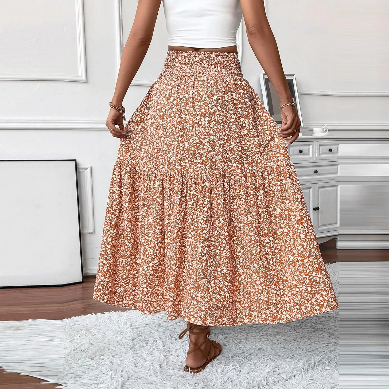 Women's Boho Skirts Summer Casual Loose Trendy Elastic Waist Floral Printed Bohemian Flowy A-Line Skirt 2025, S-XL