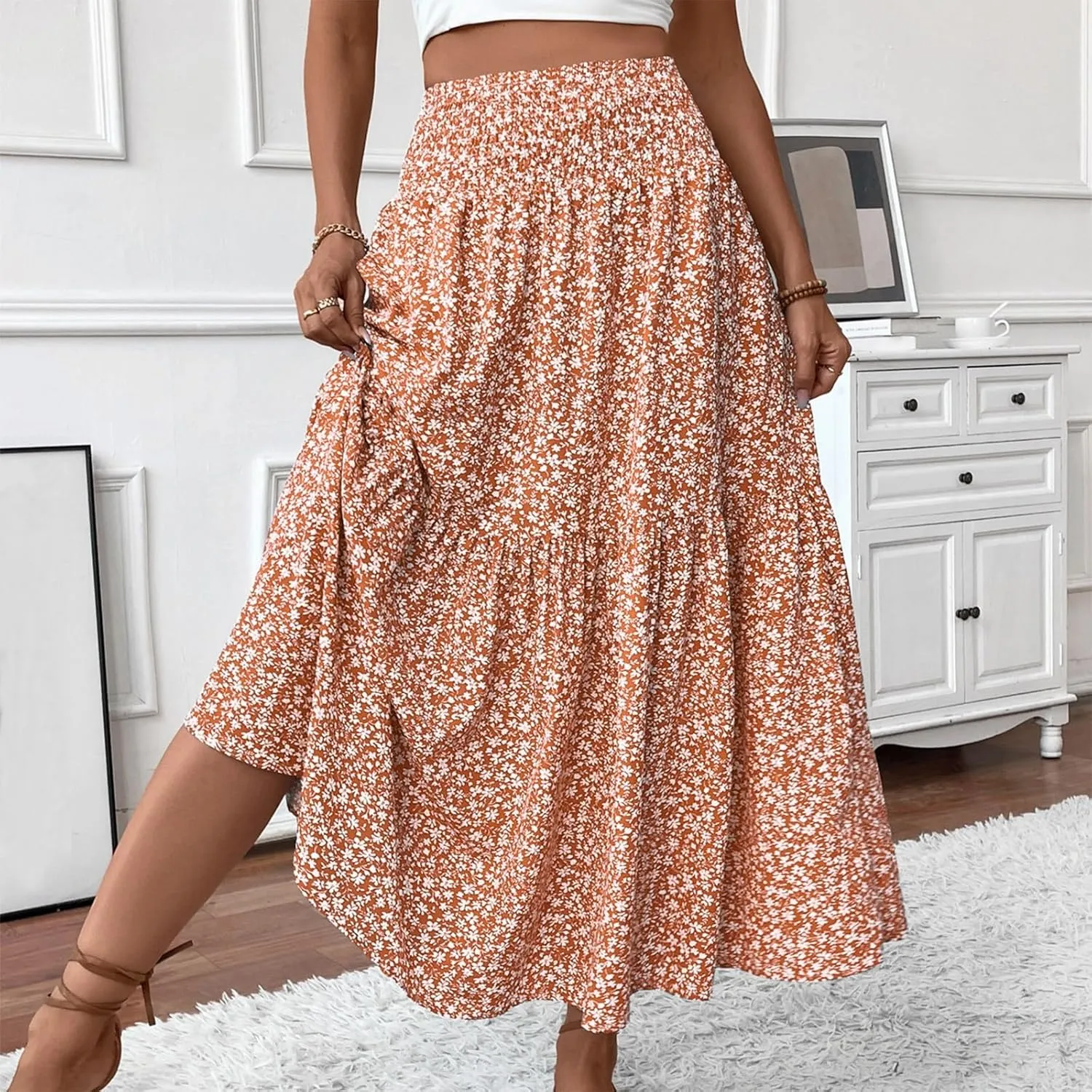 Women's Boho Skirts Summer Casual Loose Trendy Elastic Waist Floral Printed Bohemian Flowy A-Line Skirt 2025, S-XL