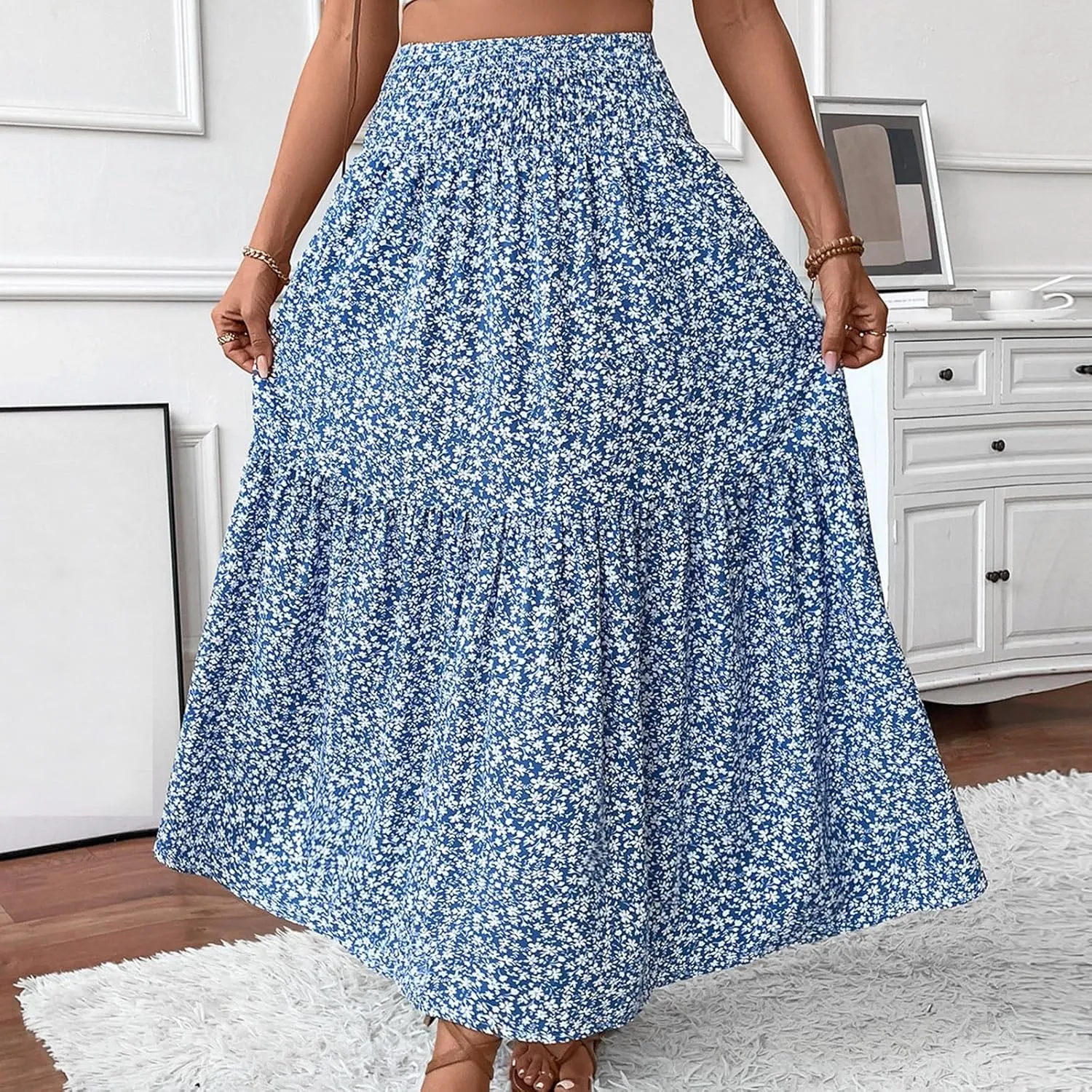 Women's Boho Skirts Summer Casual Loose Trendy Elastic Waist Floral Printed Bohemian Flowy A-Line Skirt 2025, S-XL