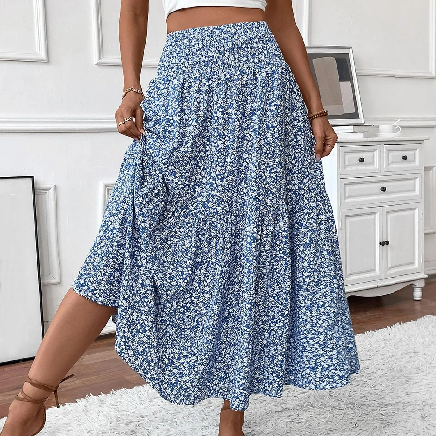 Women's Boho Skirts Summer Casual Loose Trendy Elastic Waist Floral Printed Bohemian Flowy A-Line Skirt 2025, S-XL