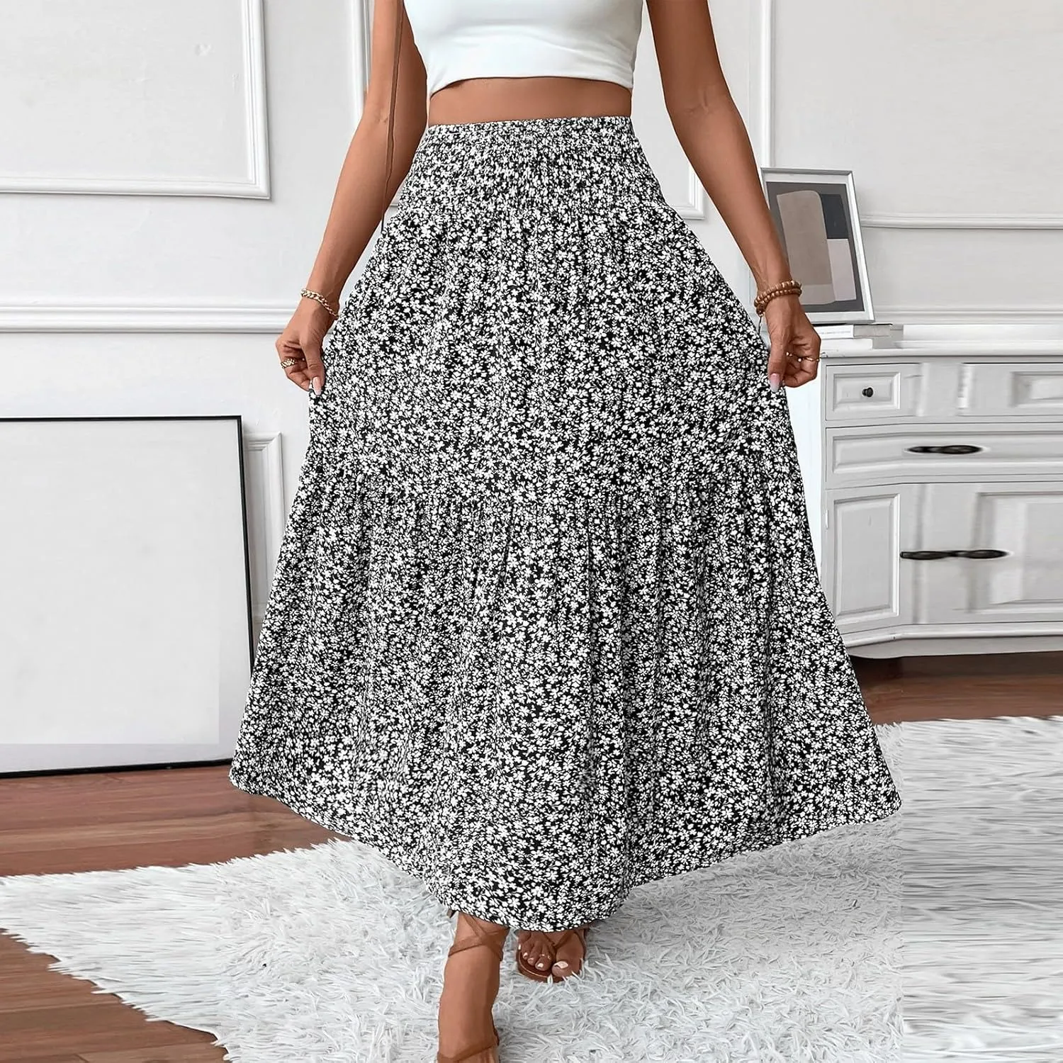 Women's Boho Skirts Summer Casual Loose Trendy Elastic Waist Floral Printed Bohemian Flowy A-Line Skirt 2025, S-XL