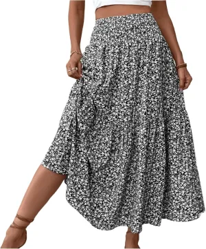 Women's Boho Skirts Summer Casual Loose Trendy Elastic Waist Floral Printed Bohemian Flowy A-Line Skirt 2025, S-XL