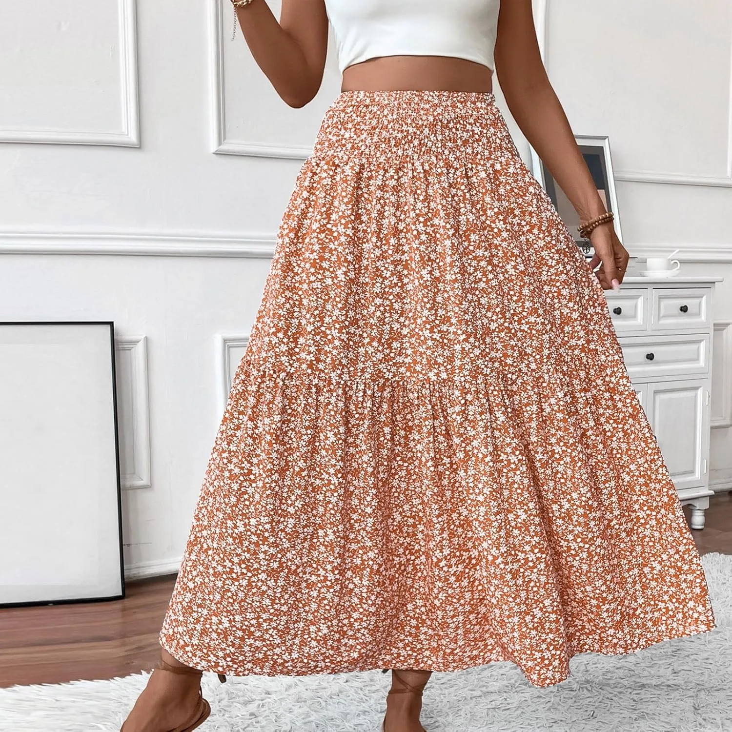 Women's Boho Skirts Summer Casual Loose Trendy Elastic Waist Floral Printed Bohemian Flowy A-Line Skirt 2025, S-XL