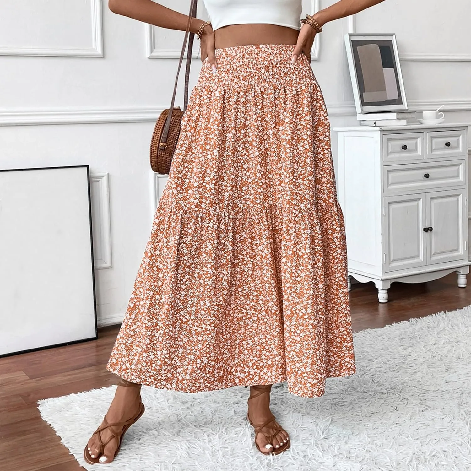 Women's Boho Skirts Summer Casual Loose Trendy Elastic Waist Floral Printed Bohemian Flowy A-Line Skirt 2025, S-XL