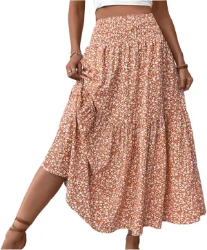 Women's Boho Skirts Summer Casual Loose Trendy Elastic Waist Floral Printed Bohemian Flowy A-Line Skirt 2025, S-XL