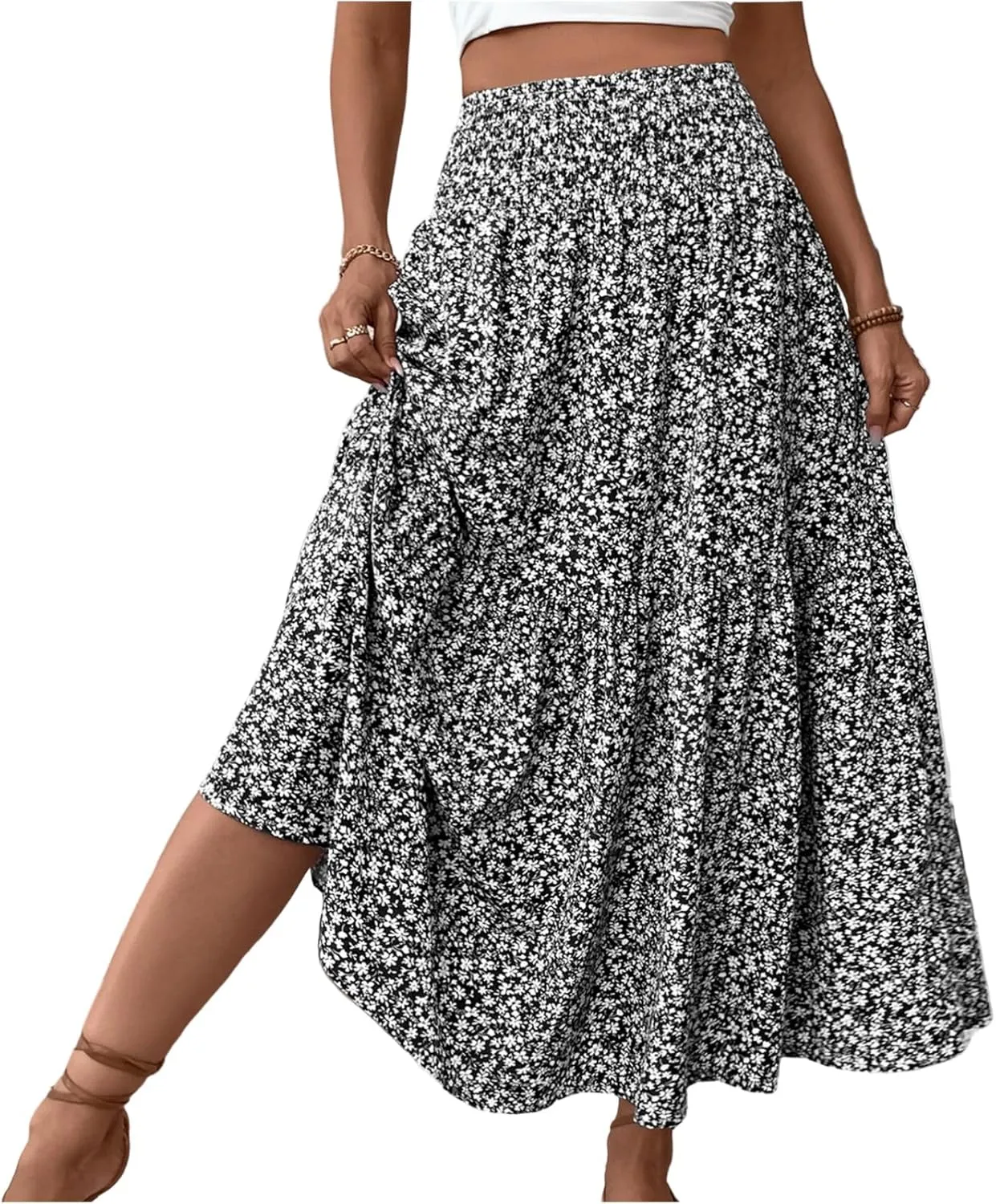 Women's Boho Skirts Summer Casual Loose Trendy Elastic Waist Floral Printed Bohemian Flowy A-Line Skirt 2025, S-XL