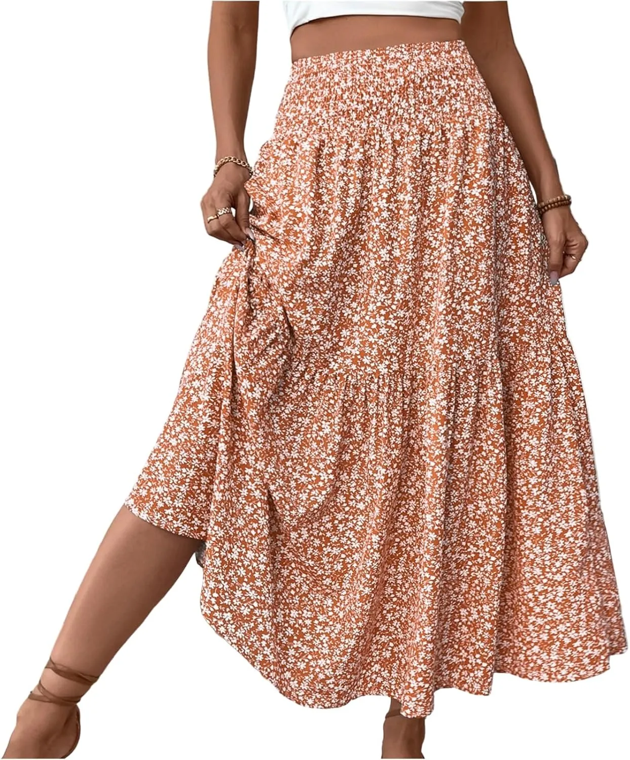Women's Boho Skirts Summer Casual Loose Trendy Elastic Waist Floral Printed Bohemian Flowy A-Line Skirt 2025, S-XL