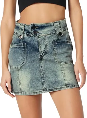 Women's Button Down High Waisted A Line Jean Stretchy Mini Denim Skirt Front Short Pencil Skirt with Pockets
