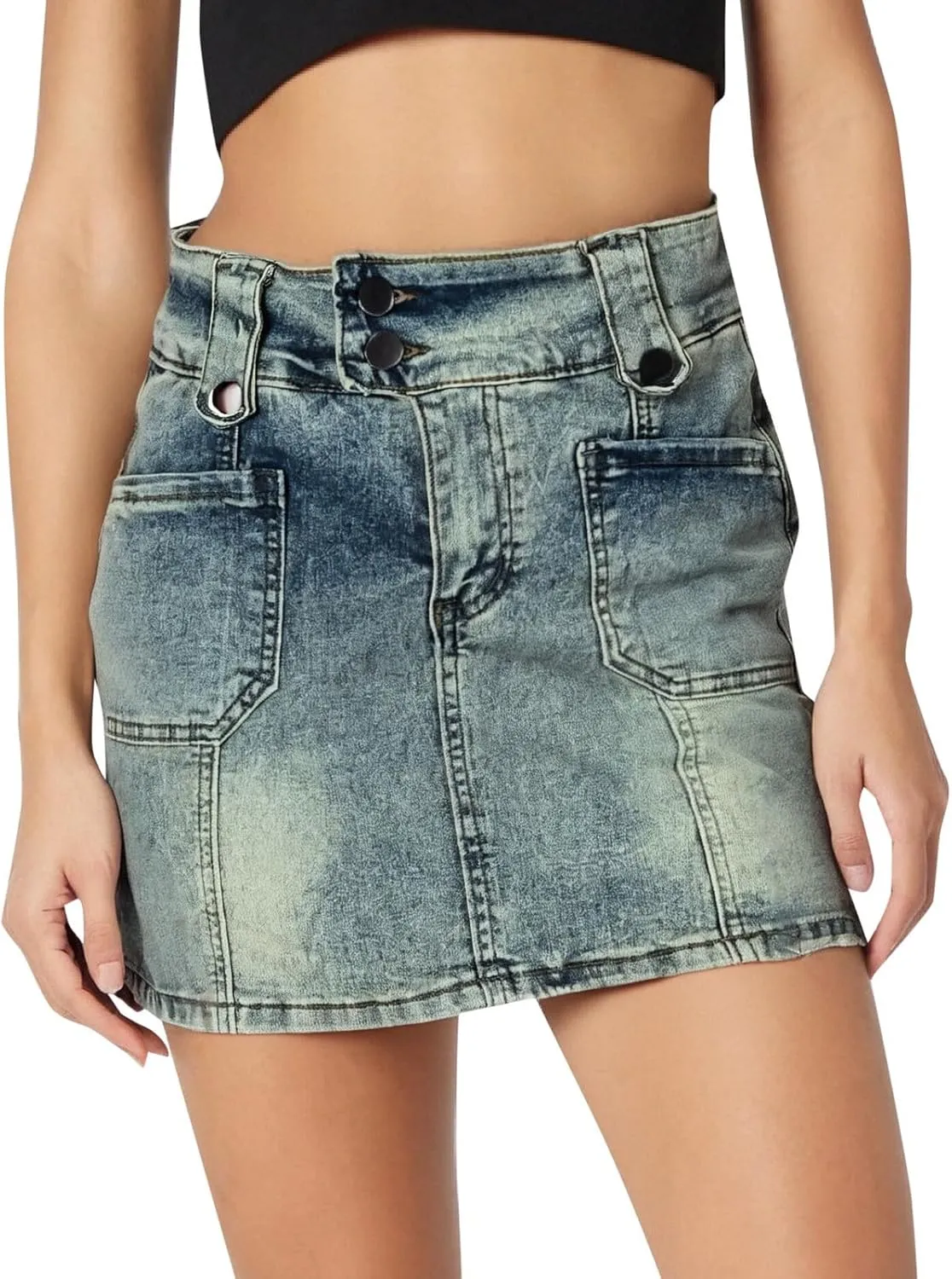 Women's Button Down High Waisted A Line Jean Stretchy Mini Denim Skirt Front Short Pencil Skirt with Pockets