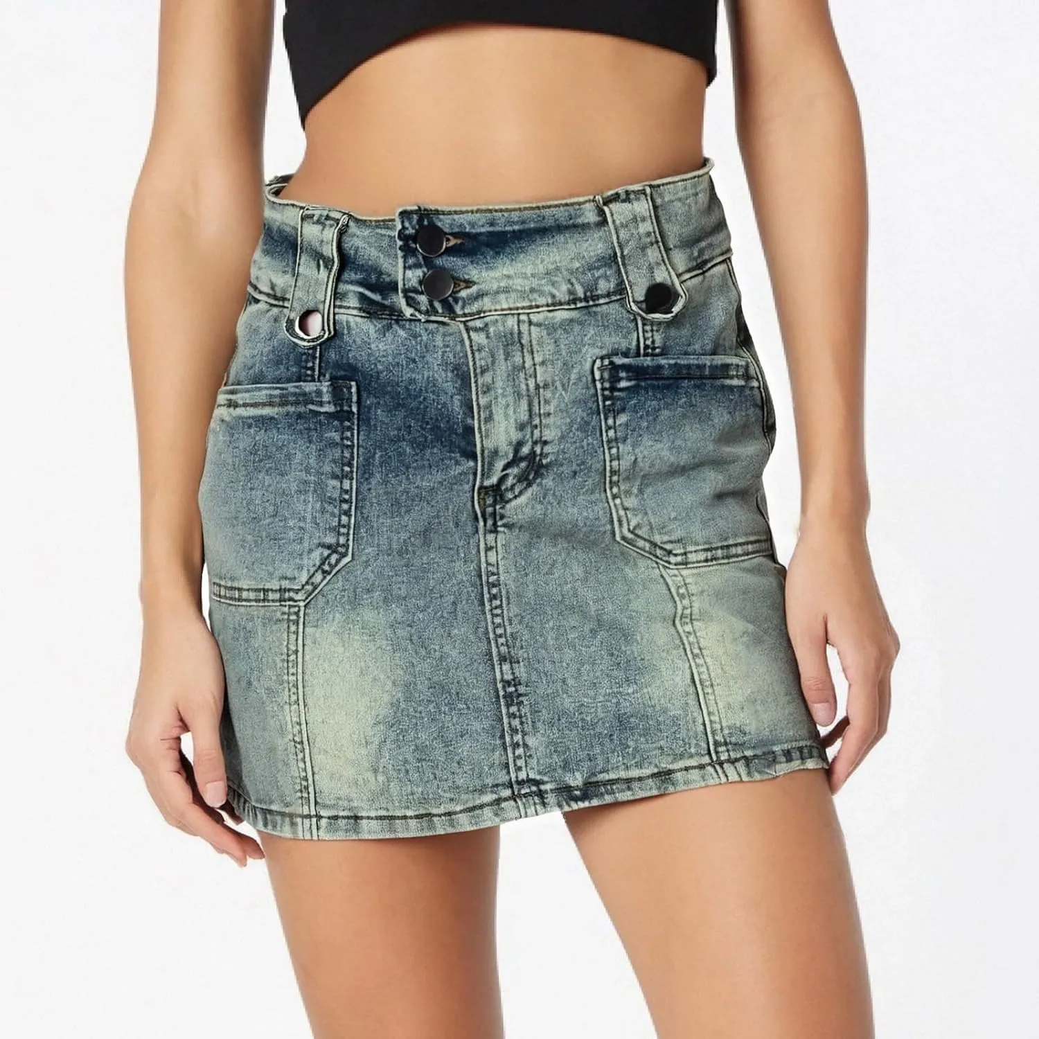 Women's Button Down High Waisted A Line Jean Stretchy Mini Denim Skirt Front Short Pencil Skirt with Pockets