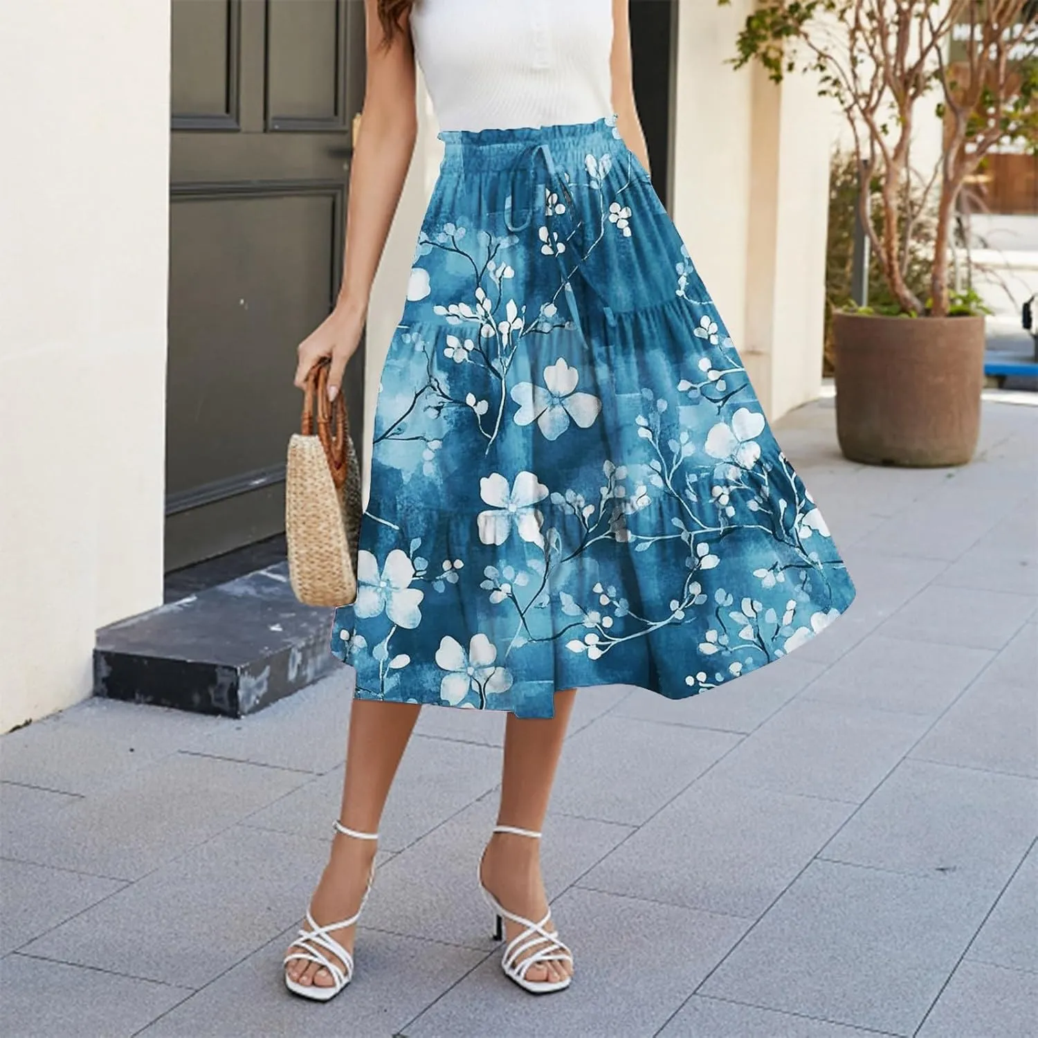 Women's Casual Beach Skirt Floral Elastic High Waist Pleated A-Line Flared Midi Skirts, S-XL