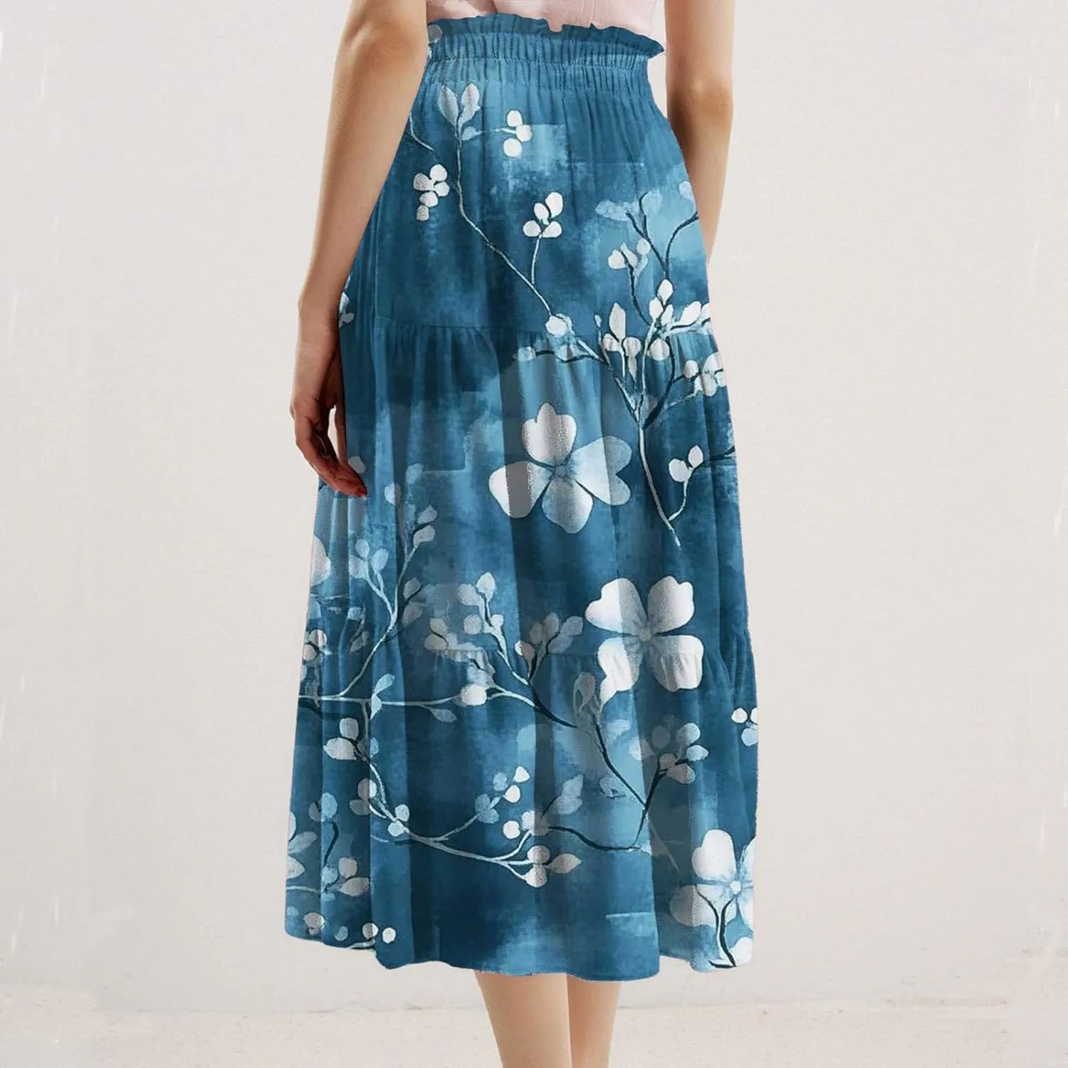 Women's Casual Beach Skirt Floral Elastic High Waist Pleated A-Line Flared Midi Skirts, S-XL