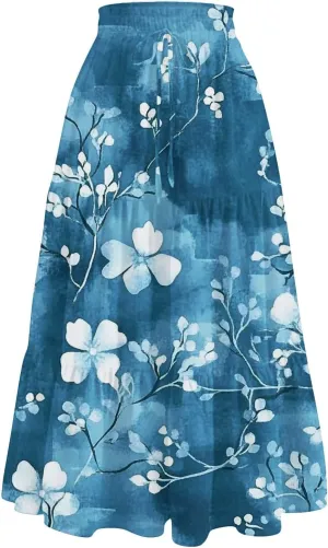 Women's Casual Beach Skirt Floral Elastic High Waist Pleated A-Line Flared Midi Skirts, S-XL