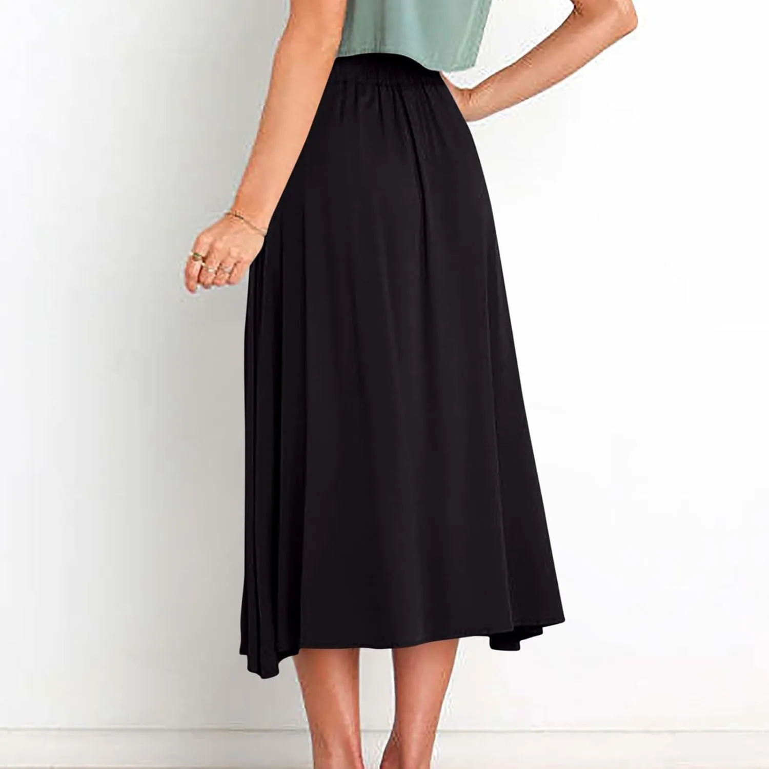 Womens Casual Front Button Skirts 2025 Summer Outfit Flowy Beach Skirts for Women Elastic High Waisted Midi Skirt