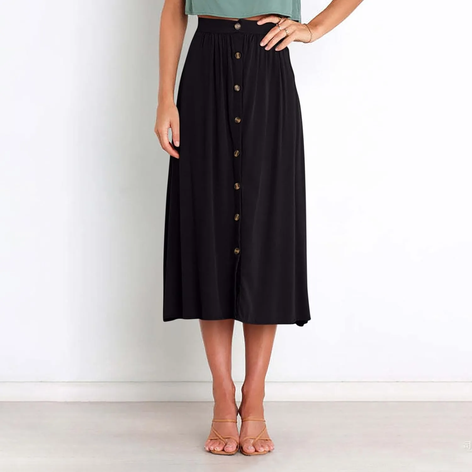 Womens Casual Front Button Skirts 2025 Summer Outfit Flowy Beach Skirts for Women Elastic High Waisted Midi Skirt