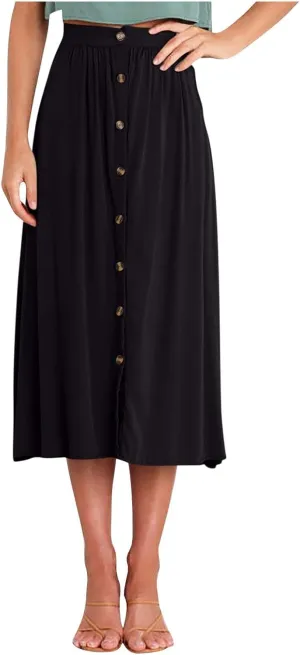 Womens Casual Front Button Skirts 2025 Summer Outfit Flowy Beach Skirts for Women Elastic High Waisted Midi Skirt