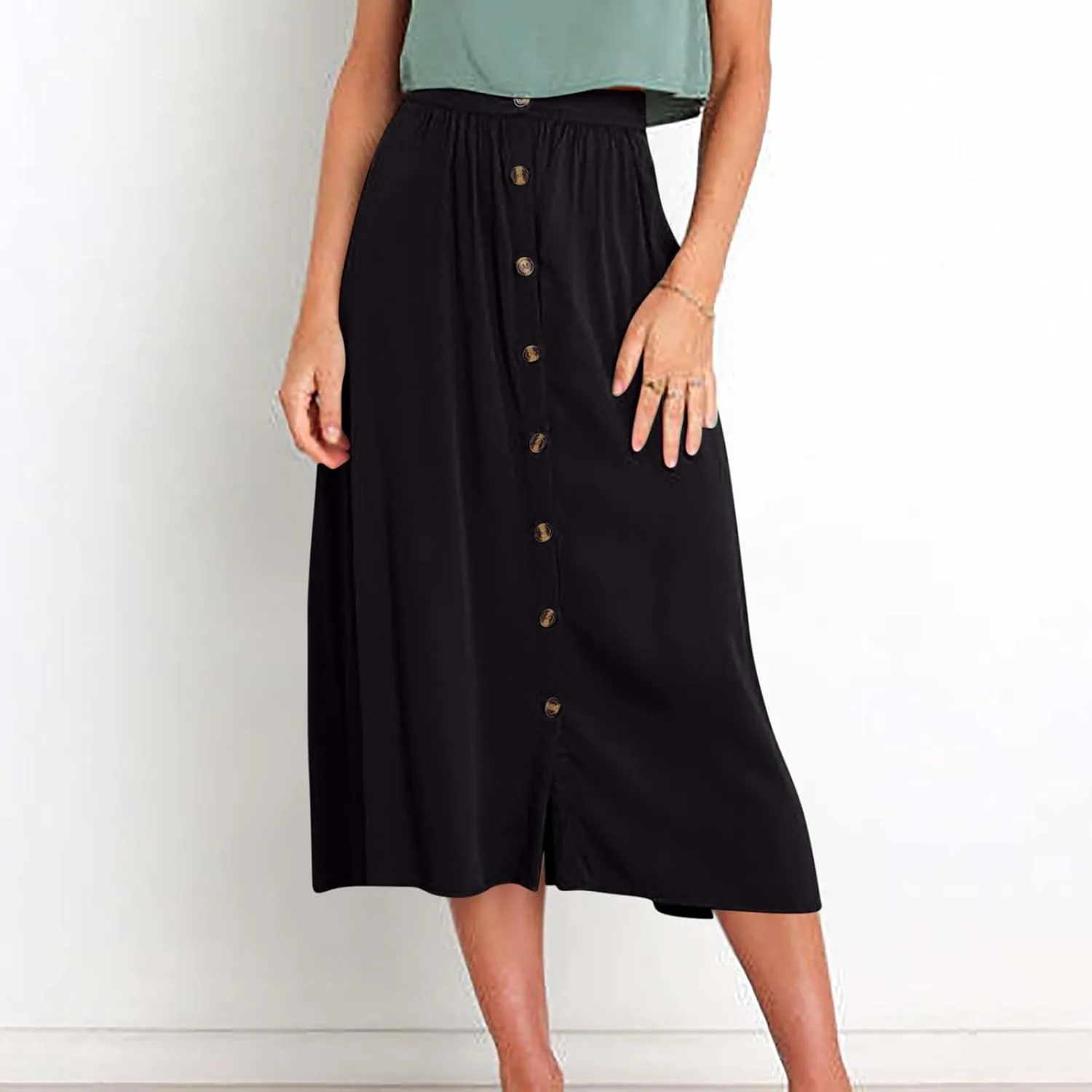 Womens Casual Front Button Skirts 2025 Summer Outfit Flowy Beach Skirts for Women Elastic High Waisted Midi Skirt