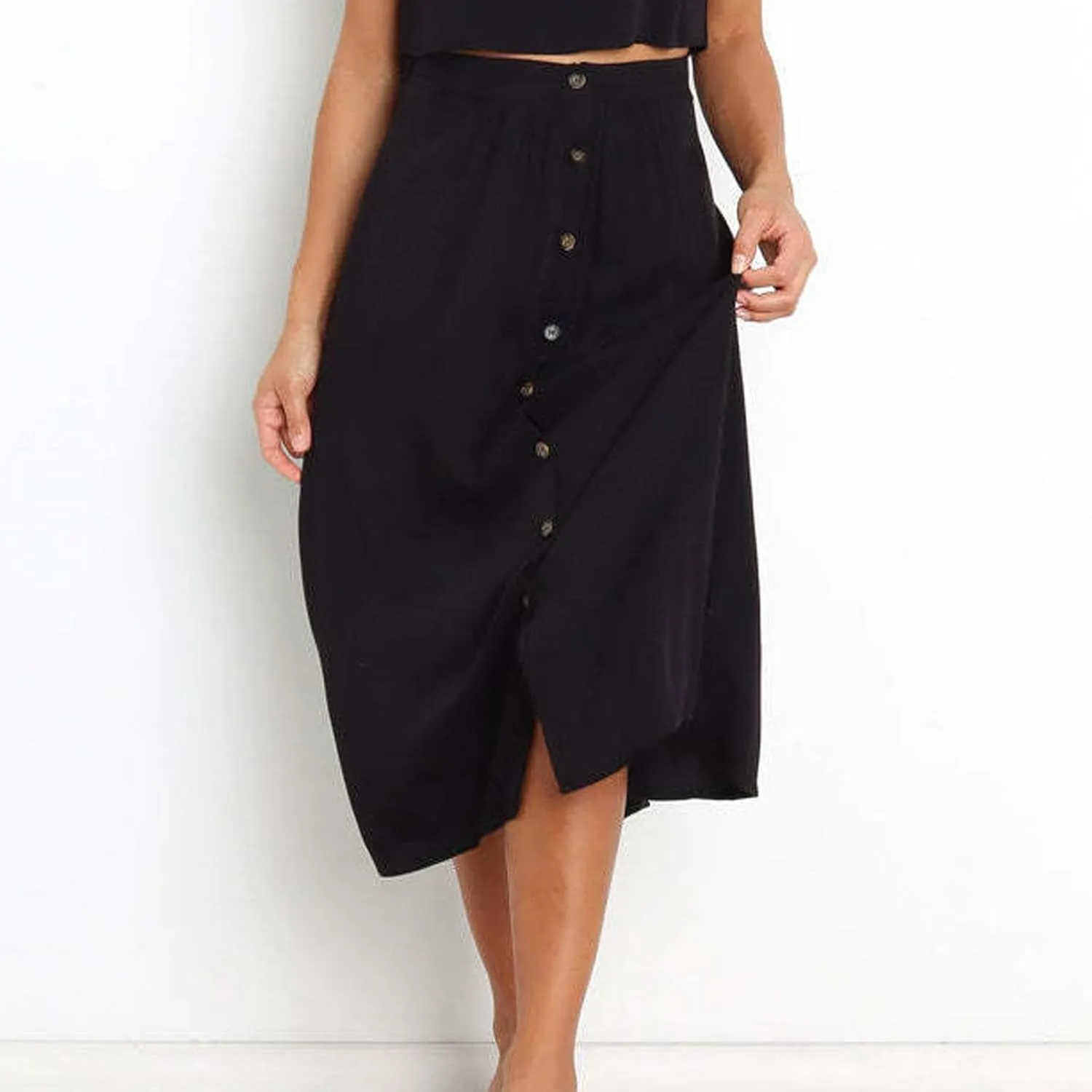 Womens Casual Front Button Skirts 2025 Summer Outfit Flowy Beach Skirts for Women Elastic High Waisted Midi Skirt