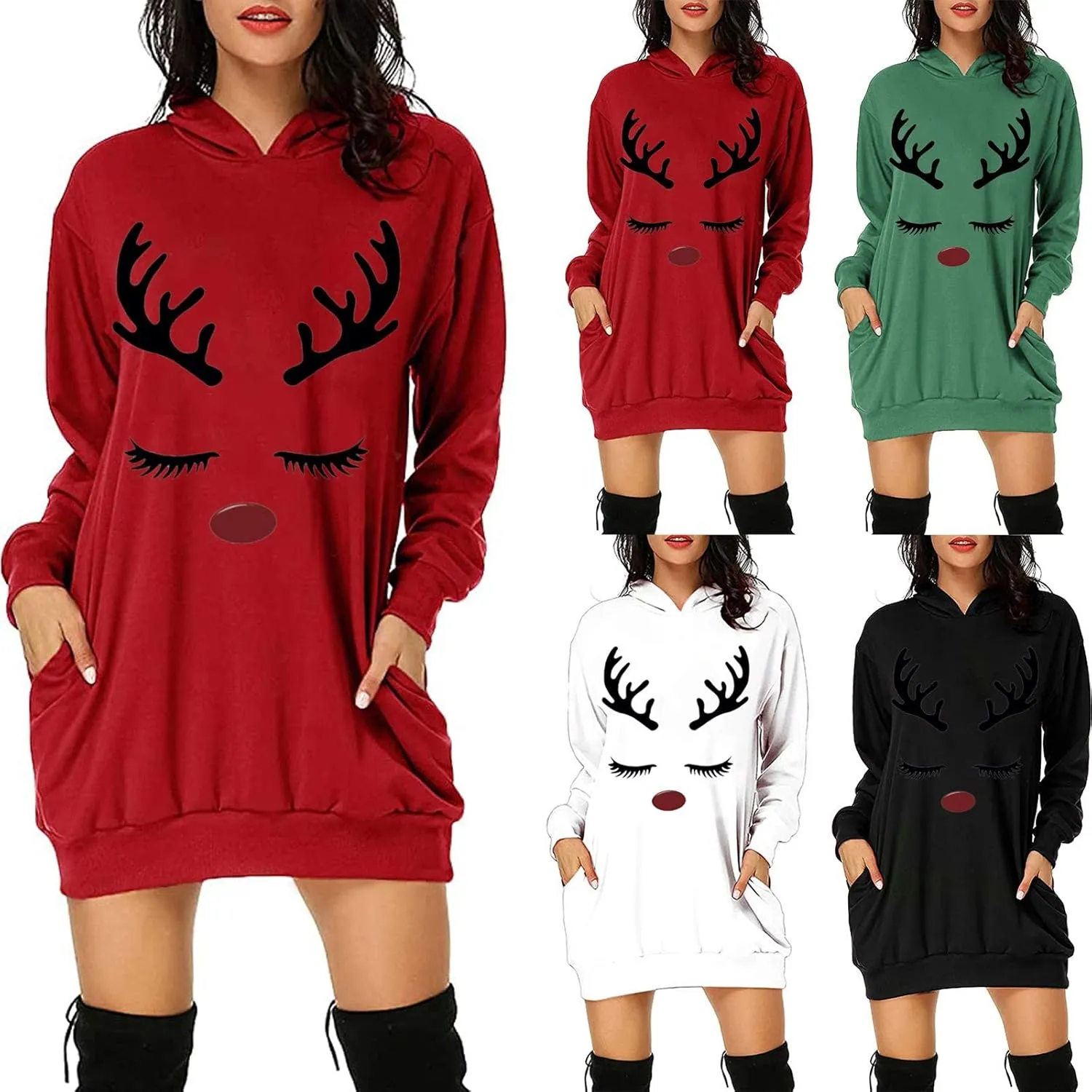 Women's Christmas Hoodies Sweatshirt Dress 2023 Fashion Loose Fit Bag Hip Printed Long Sleeve Oversized Pullover Tops