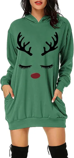 Women's Christmas Hoodies Sweatshirt Dress 2023 Fashion Loose Fit Bag Hip Printed Long Sleeve Oversized Pullover Tops