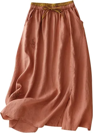 Women's Cotton Linen Embroidery Flowy Skirt Lace Up Elastic High Waisted Summer Skirts Casual Loose A Line Long Skirt