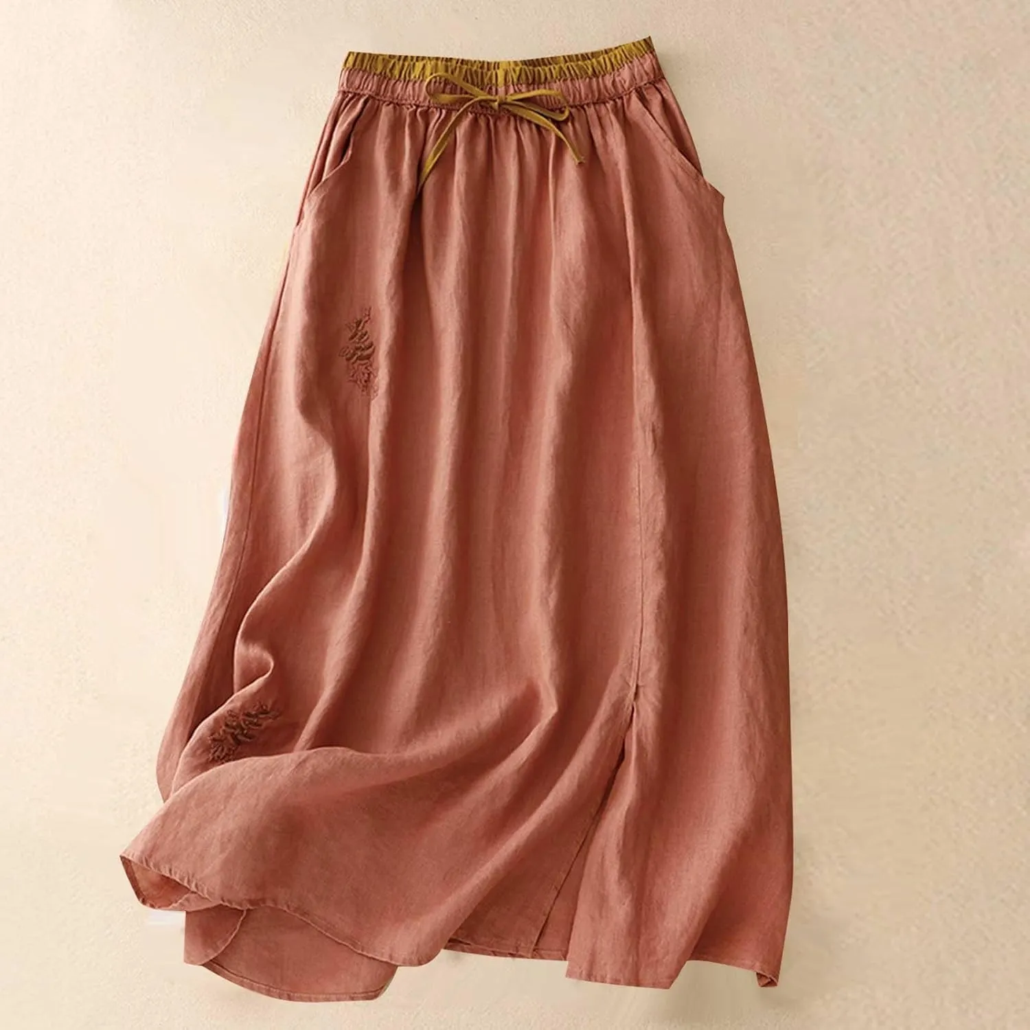 Women's Cotton Linen Embroidery Flowy Skirt Lace Up Elastic High Waisted Summer Skirts Casual Loose A Line Long Skirt