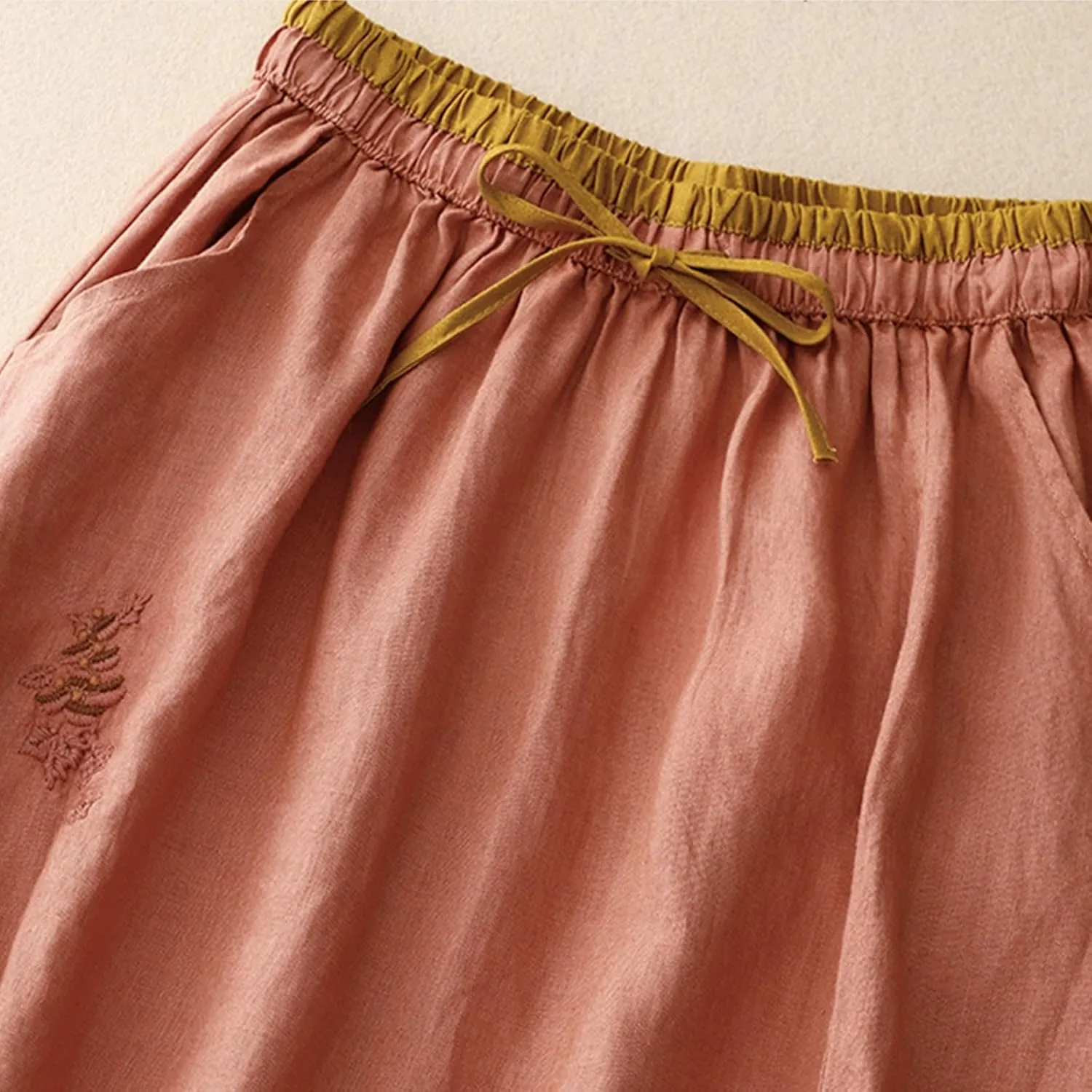 Women's Cotton Linen Embroidery Flowy Skirt Lace Up Elastic High Waisted Summer Skirts Casual Loose A Line Long Skirt