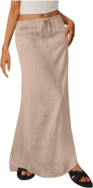 Women's Cotton Linen Skirts Summer Solid Color Elastic Waist Drawstring Skirt Casual Summer Flowy Ankle Length Skirt