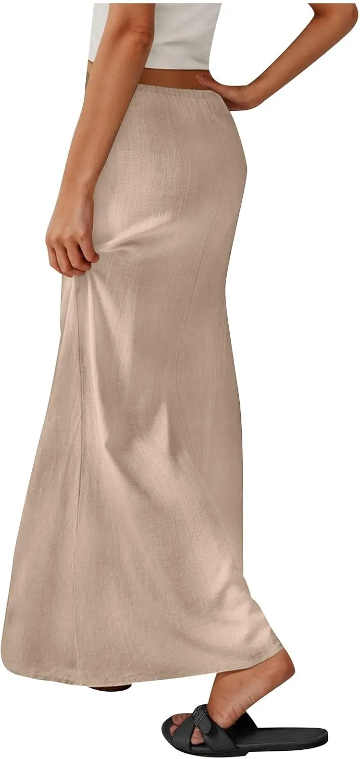 Women's Cotton Linen Skirts Summer Solid Color Elastic Waist Drawstring Skirt Casual Summer Flowy Ankle Length Skirt