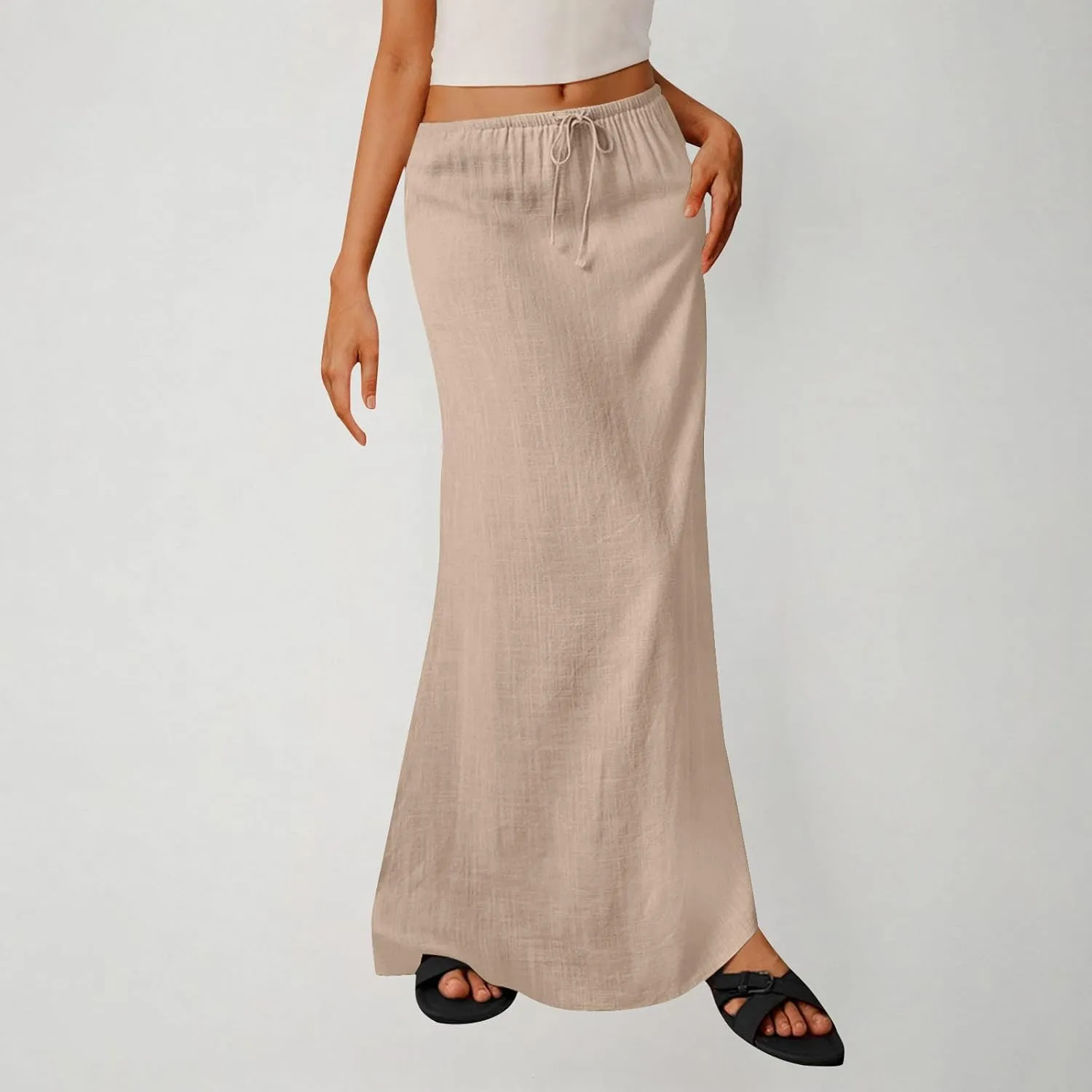 Women's Cotton Linen Skirts Summer Solid Color Elastic Waist Drawstring Skirt Casual Summer Flowy Ankle Length Skirt