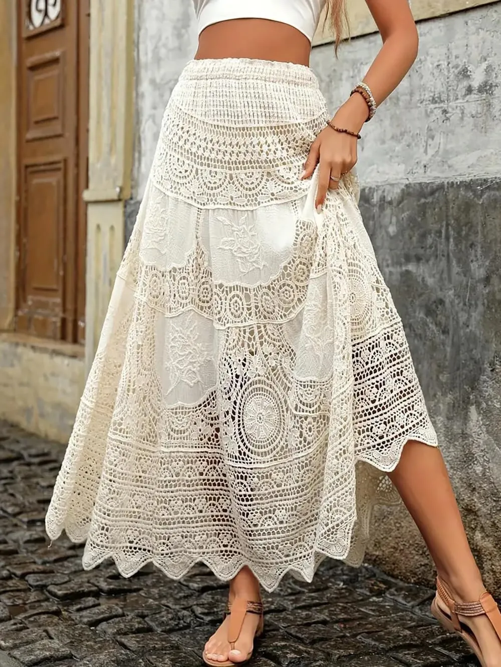 Women's Crochet Skirt High Waist Maxi Stretchy Boho Hollow Out Flowy Lace Skirts