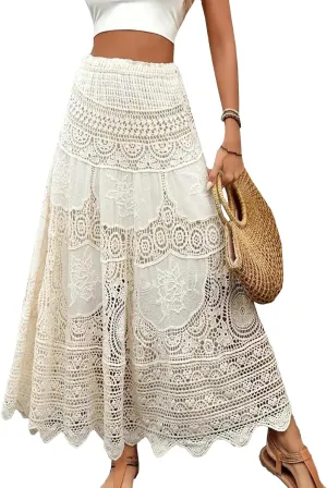 Women's Crochet Skirt High Waist Maxi Stretchy Boho Hollow Out Flowy Lace Skirts