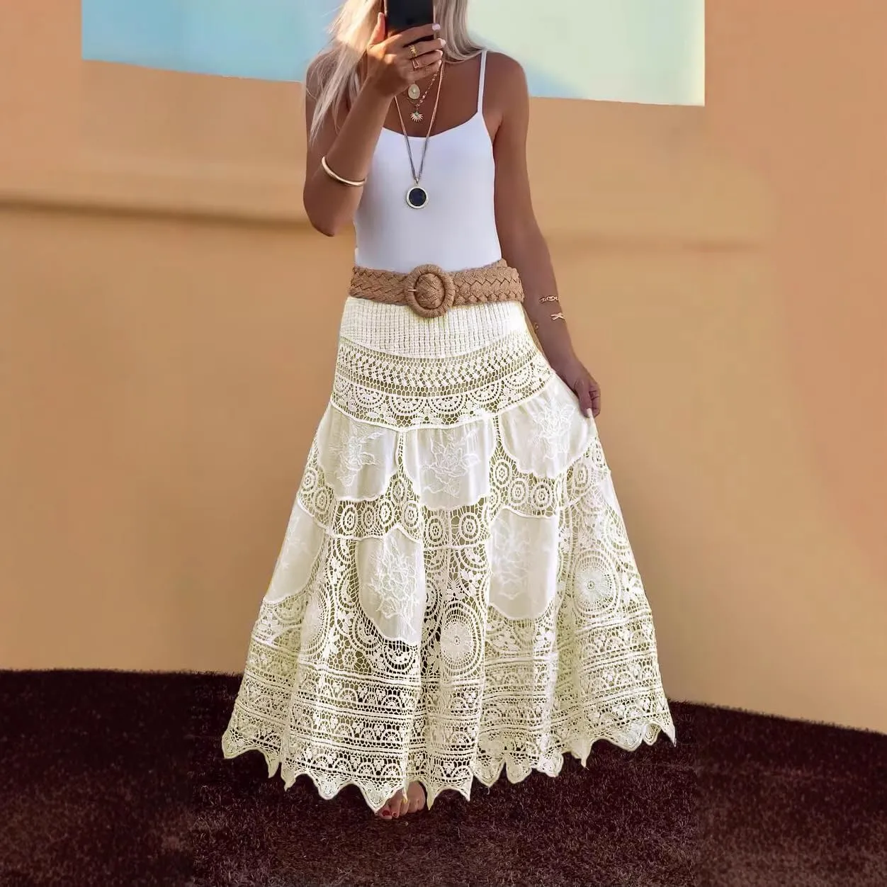 Women's Crochet Skirt High Waist Maxi Stretchy Boho Hollow Out Flowy Lace Skirts
