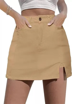 Women's Denim Mini Skort High Waisted Pull On Stretchy Denim Wrap Skirt, with Slit Trendy Casual Slim Fit Short Skirts