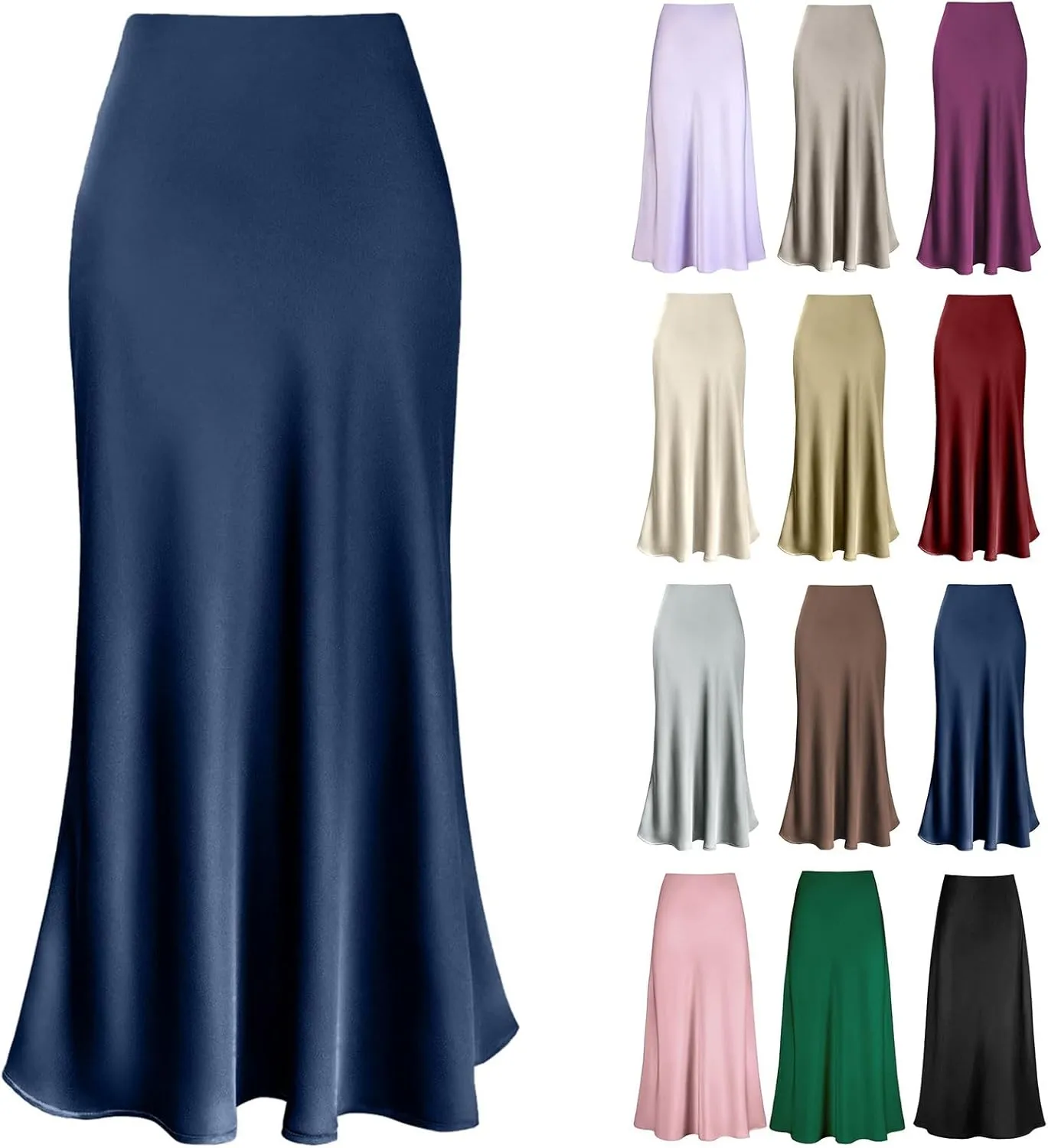 Women's Elegant Satin Skirts High Waisted Flared Casual Work Fishtail Midi Skirt