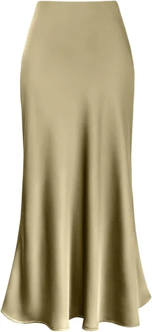 Women's Elegant Satin Skirts High Waisted Flared Casual Work Fishtail Midi Skirt