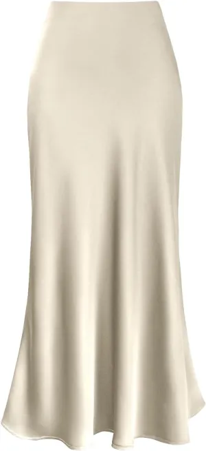 Women's Elegant Satin Skirts High Waisted Flared Casual Work Fishtail Midi Skirt