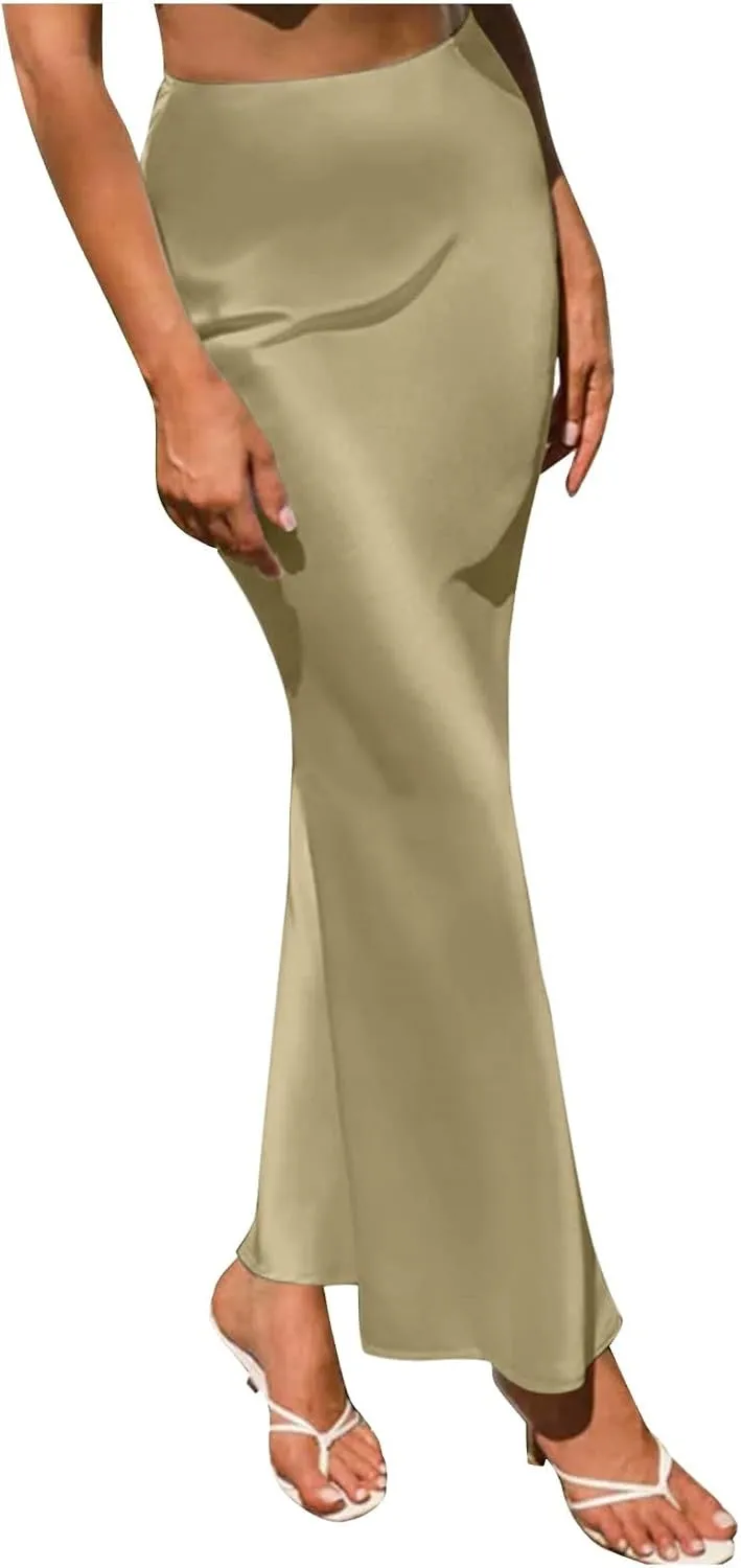 Women's Elegant Satin Skirts High Waisted Flared Casual Work Fishtail Midi Skirt