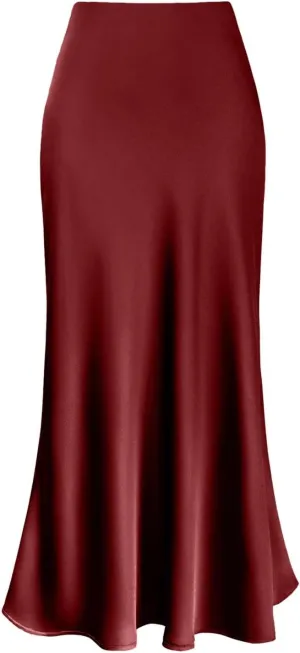 Women's Elegant Satin Skirts High Waisted Flared Casual Work Fishtail Midi Skirt