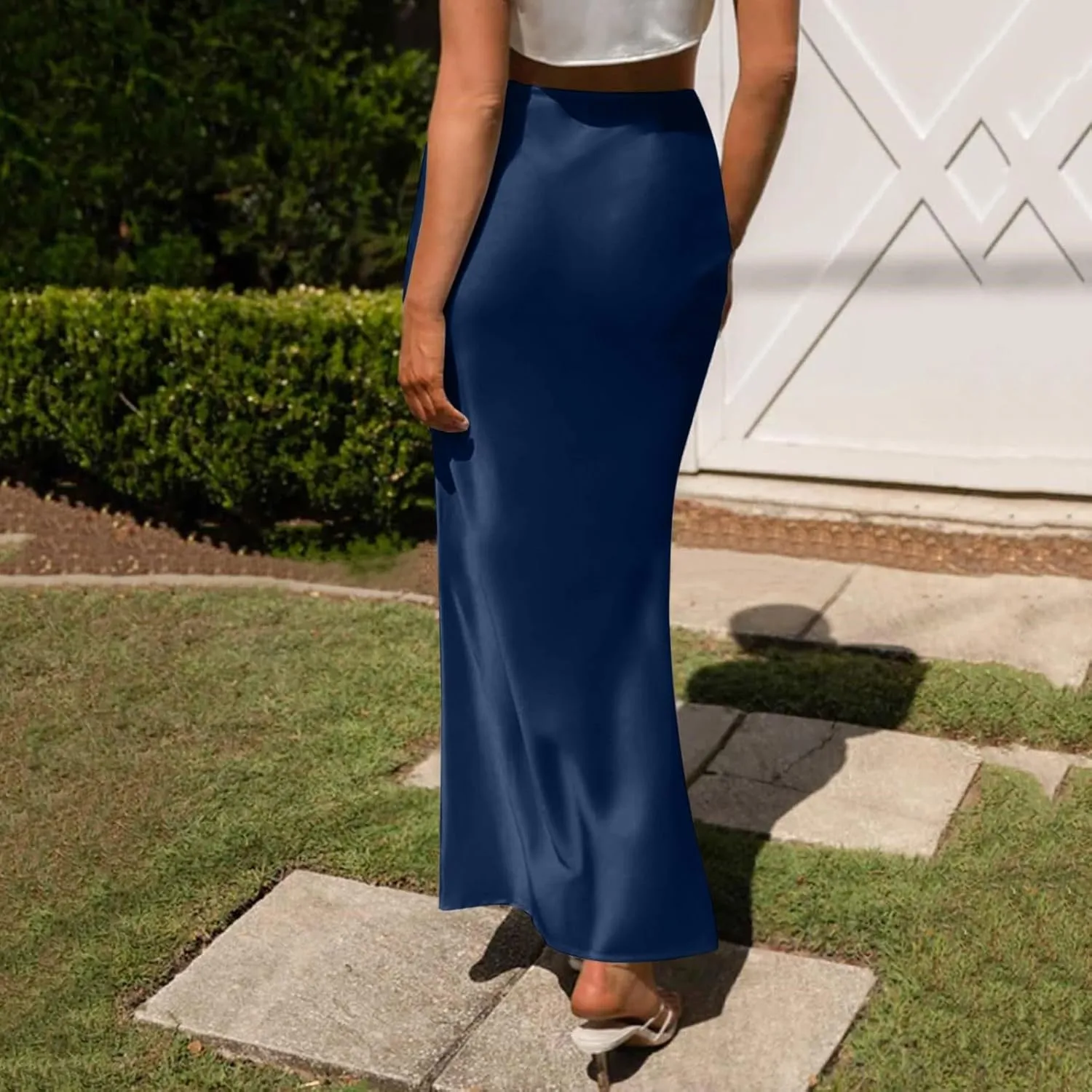 Women's Elegant Satin Skirts High Waisted Flared Casual Work Fishtail Midi Skirt
