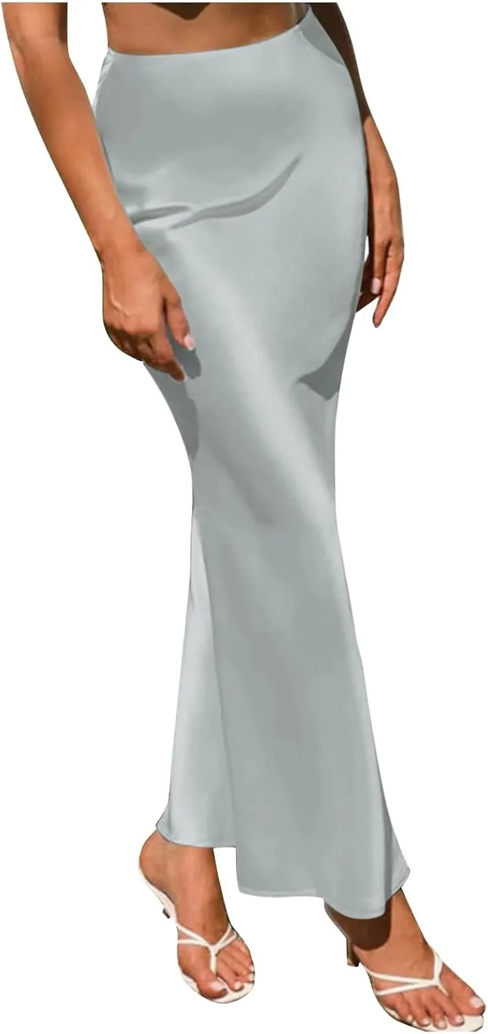 Women's Elegant Satin Skirts High Waisted Flared Casual Work Fishtail Midi Skirt