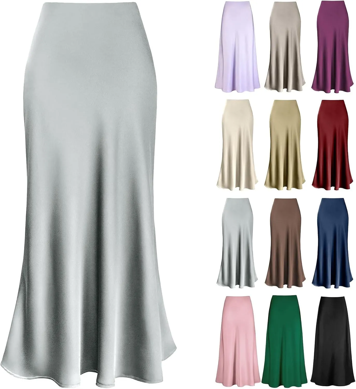 Women's Elegant Satin Skirts High Waisted Flared Casual Work Fishtail Midi Skirt