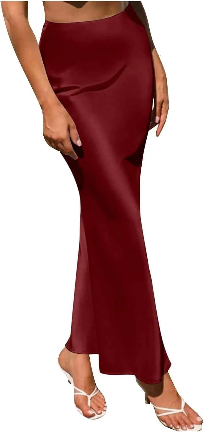 Women's Elegant Satin Skirts High Waisted Flared Casual Work Fishtail Midi Skirt